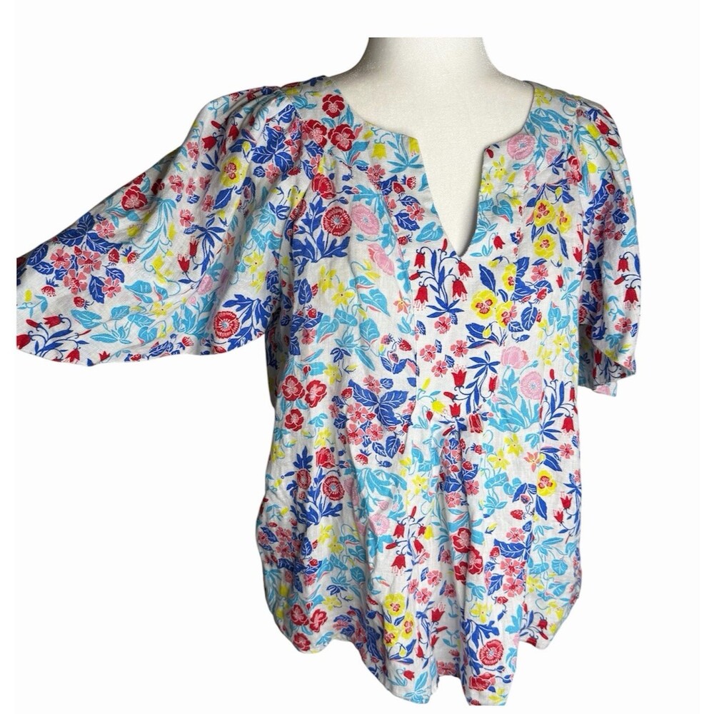 Charter Club Luxury 100% Linen Women's M Floral Flutter Sleeve Top Resort Summer
